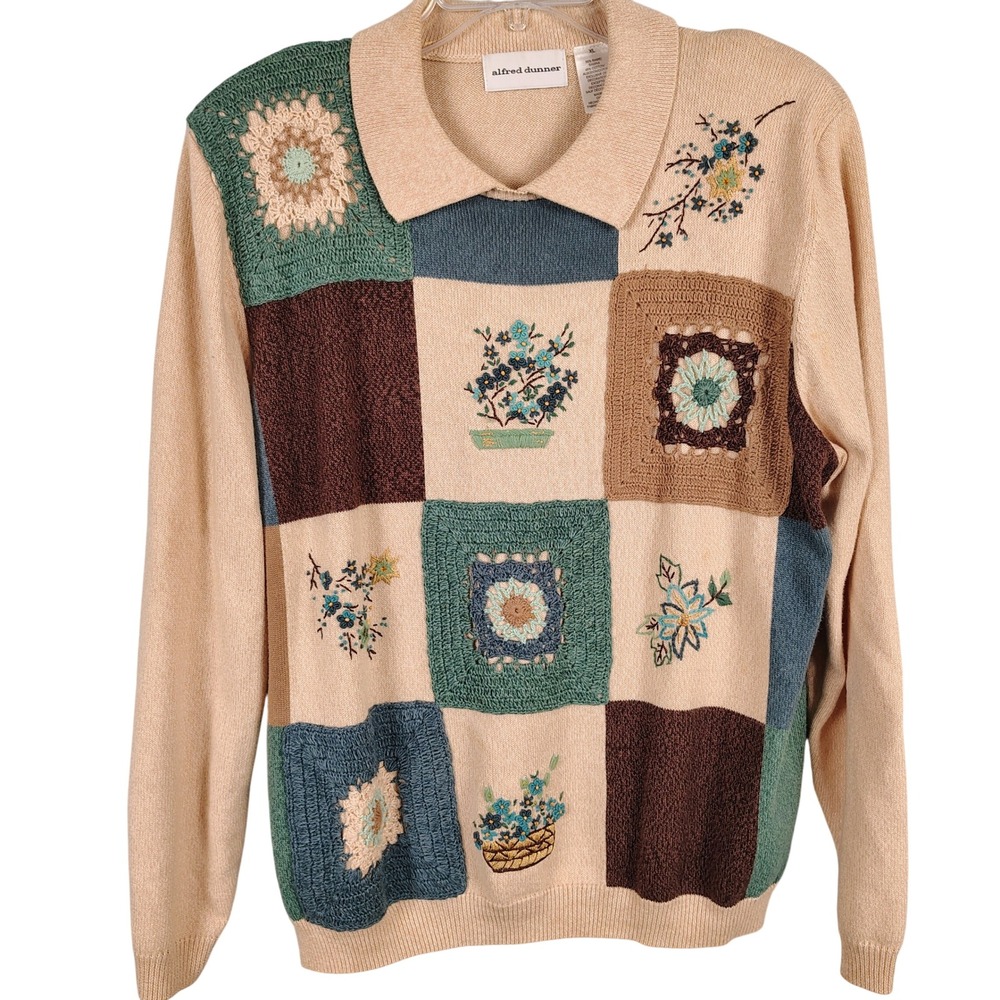Alfred Dunner Womens XL Patchwork Crochet Floral Sweater Tan Ramie Cottagecore